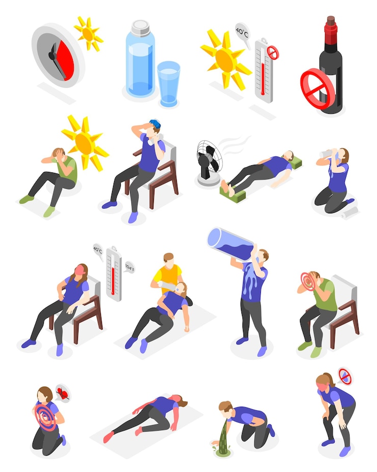 Free Vector heat stroke isometric set with isolated icons of water glass clock sun images and suffering people  vector illustration