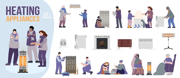 Free vector heating appliances flat set of isolated compositions with radiator icons heater apparatus and freezing human characters vector illustration