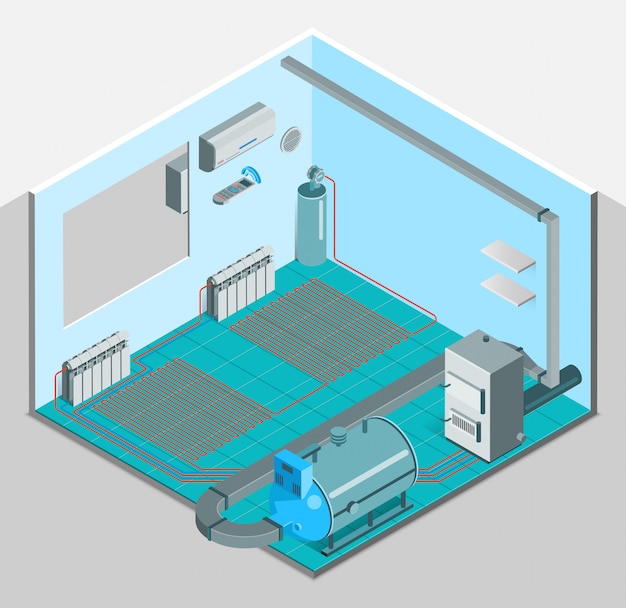 Free vector heating cooling system interior isometric template