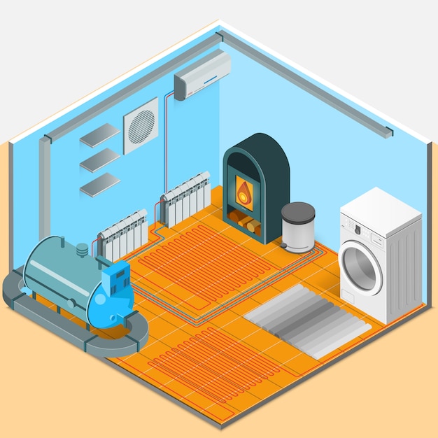 Free vector heating cooling system interior isometric template