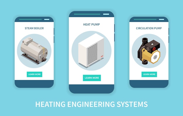난방 엔지니어링 시스템 아이소메트릭 수직 배너 세트