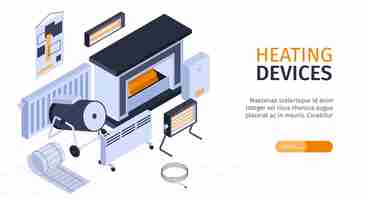 Free vector heating system and boiler horizontal banner with convector and fireplace isometric vector illustration