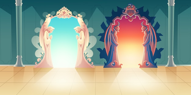 Heaven and hell gates cartoon vector with humbly praying angels and scary horned demons meeting gues