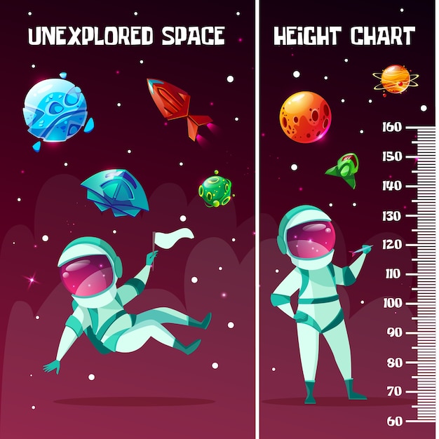 Height chart in space style with astronauts playing darts, holding flag, cosmic objects