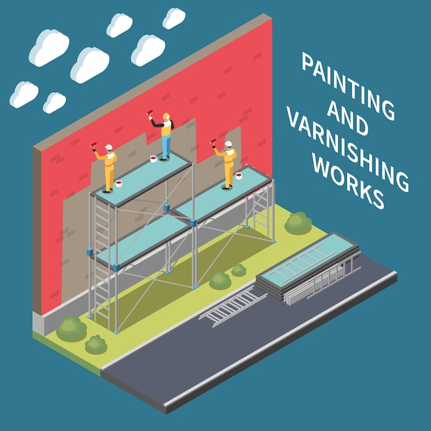 Free vector height work isometric composition with people using scaffolding equipment for painting and varnishing works vector illustration