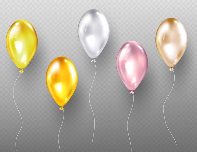 Helium balloons, flying multicolored glossy objects of gold