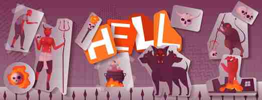 Free vector hell collage in flat style with devils skulls and evil creatures on paper pieces vector illustration
