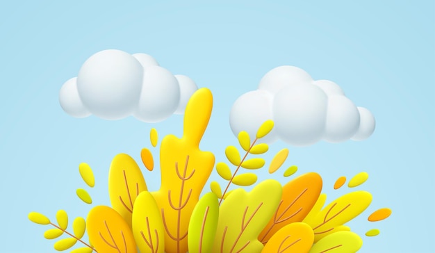 Бесплатное векторное изображение Здравствуйте, осень 3d минимальная иллюстрация с осенними желтыми, оранжевыми листьями и белым облаком, изолированными на синем фоне. предпосылка листьев падения 3d для дизайна знамен падения. векторная иллюстрация eps10