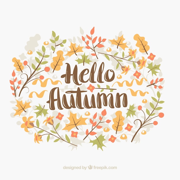 Free vector hello autumn background with lettering and leaves