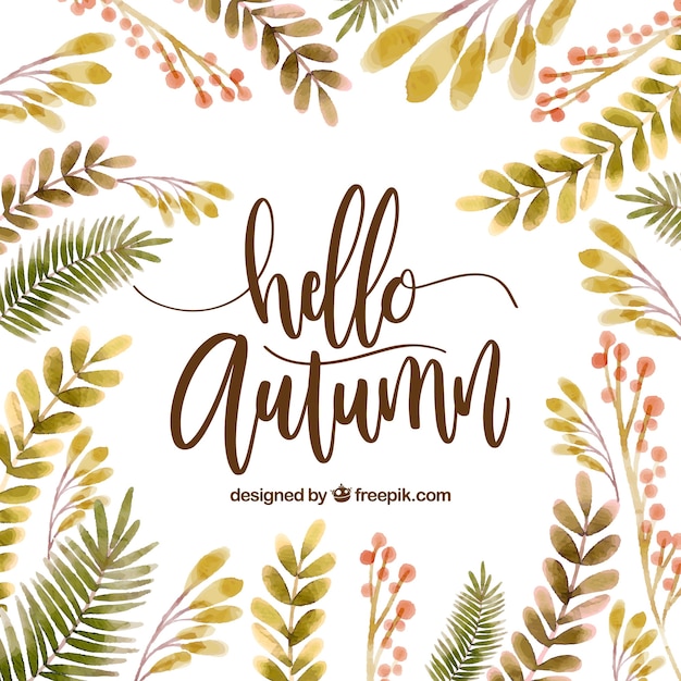 Hello autumn, background with watercolor leaves