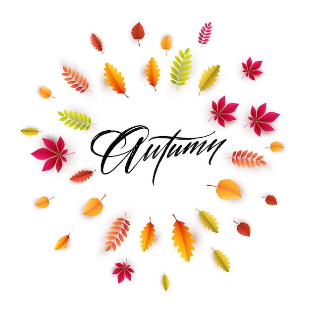 Free vector hello autumn greeting card with autumnal leaves