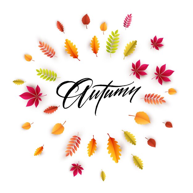 Hello autumn greeting card with autumnal leaves