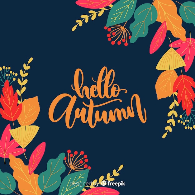 Hello autumn lettering background with leaves