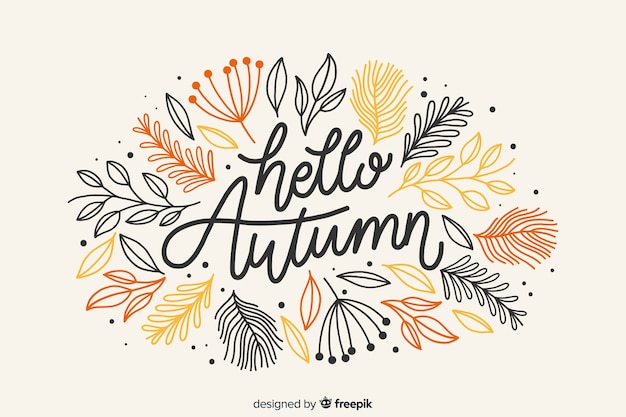 Vettore gratuito ciao autunno lettering sfondo con foglie