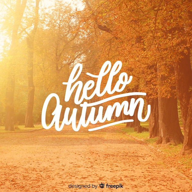Hello autumn lettering background with photo