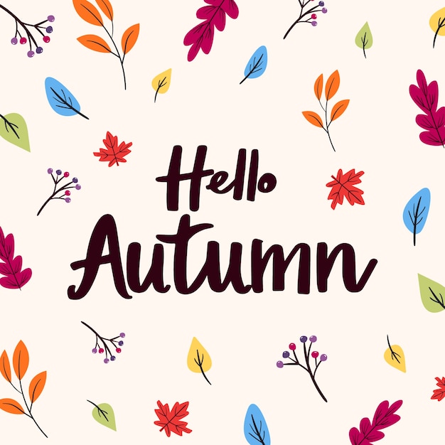 Hello autumn lettering with hand drawn leaves