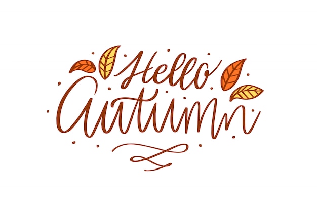 Hello Autumn lettering with leaves