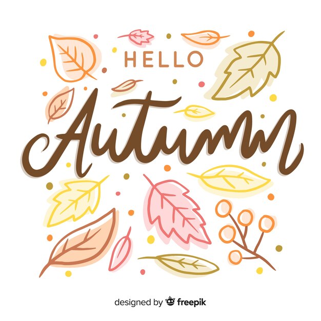 Hello autumn lettering with leaves