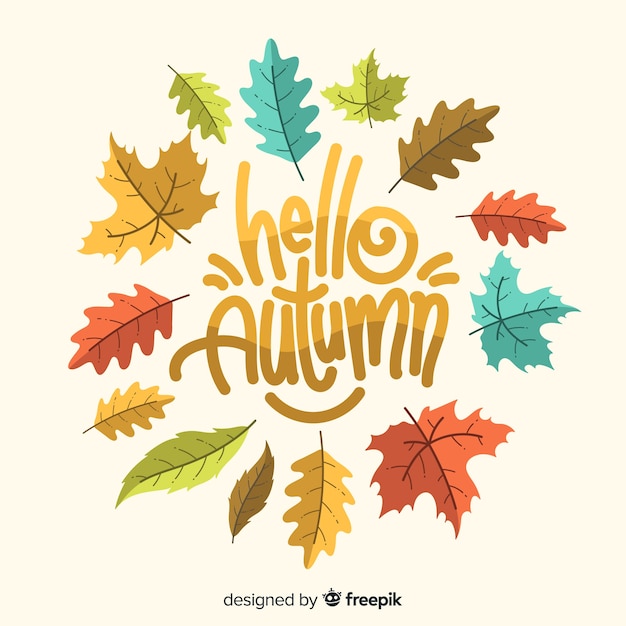 Free vector hello autumn lettering with leaves