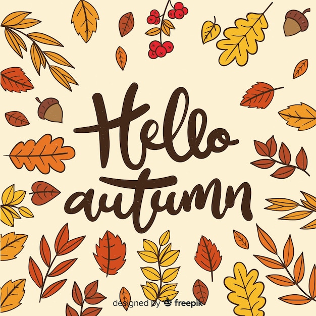 Free vector hello autumn lettering with leaves