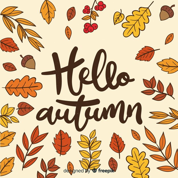Hello autumn lettering with leaves