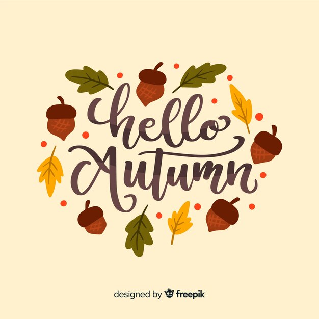 Hello autumn lettering with leaves