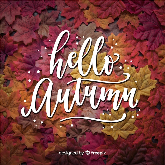 Free vector hello autumn lettering with photo