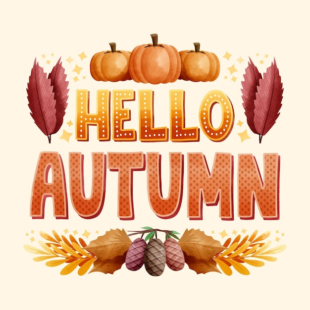 Free vector hello autumn lettering with seasonal elements