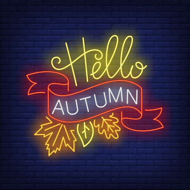 Hello autumn neon sign with ribbon and fall leaves