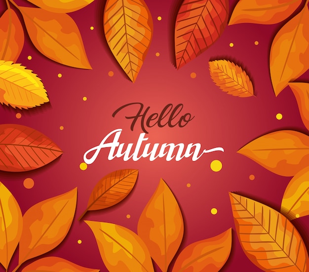 Hello autumn with leaves greeting card