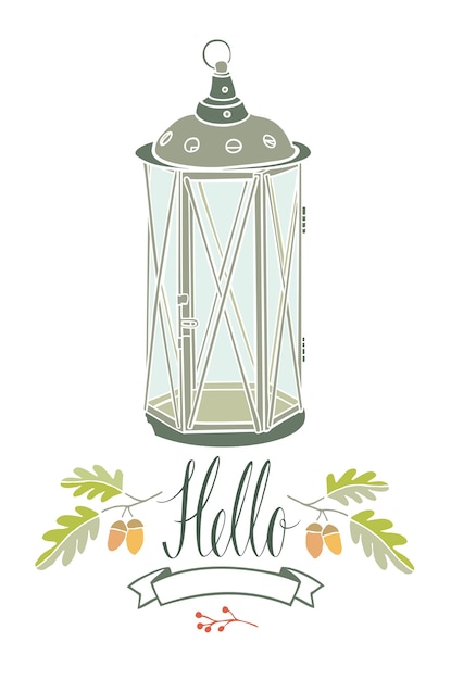 Free vector hello card with vintage lamp and two oak twigs