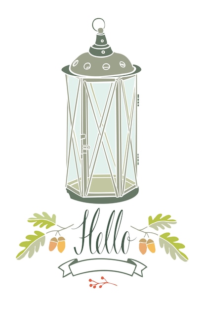 Hello card with vintage lamp and two oak twigs