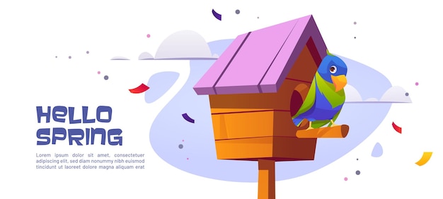 Hello spring banner with parrot in birdhouse. vector landing\
page with cartoon illustration of beautiful colorful parrot and\
wooden bird house on background of sky with clouds