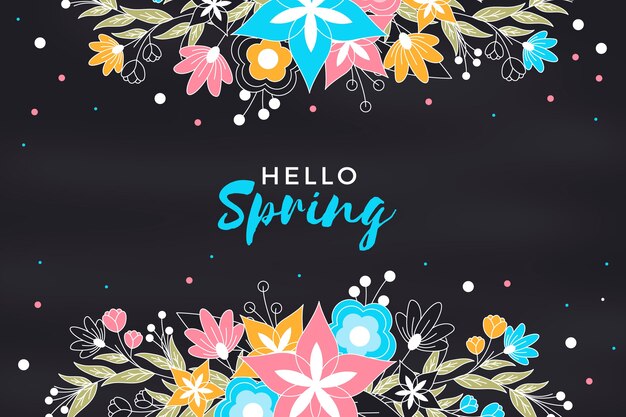 Hello spring blackboard background with flowers