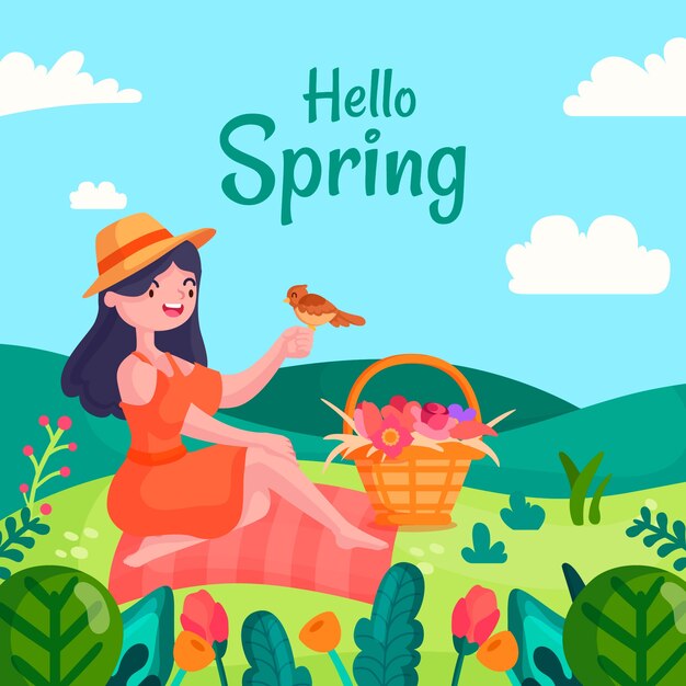 Hello spring concept with woman