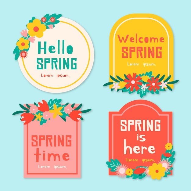 Vettore gratuito ciao primavera è qui la collezione di badge design piatto