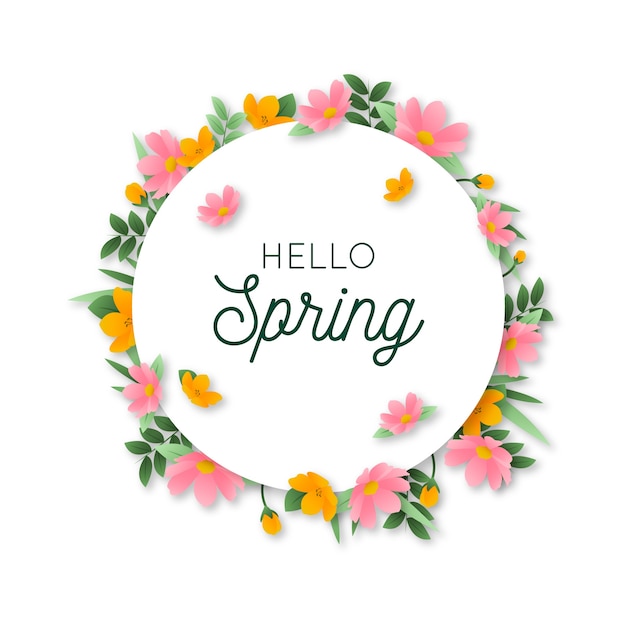 Vettore gratuito ciao primavera lettering design con cornice floreale circolare