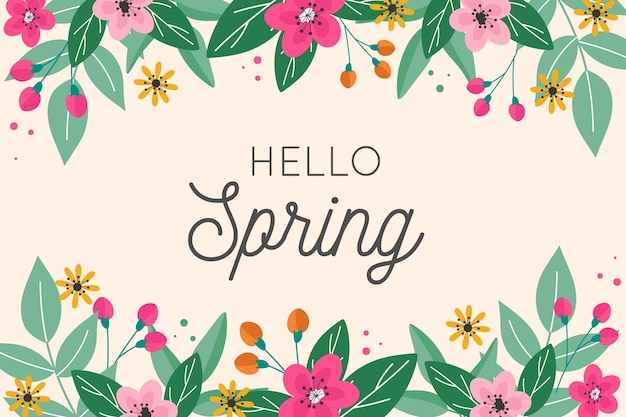 Hello spring lettering design with floral frame