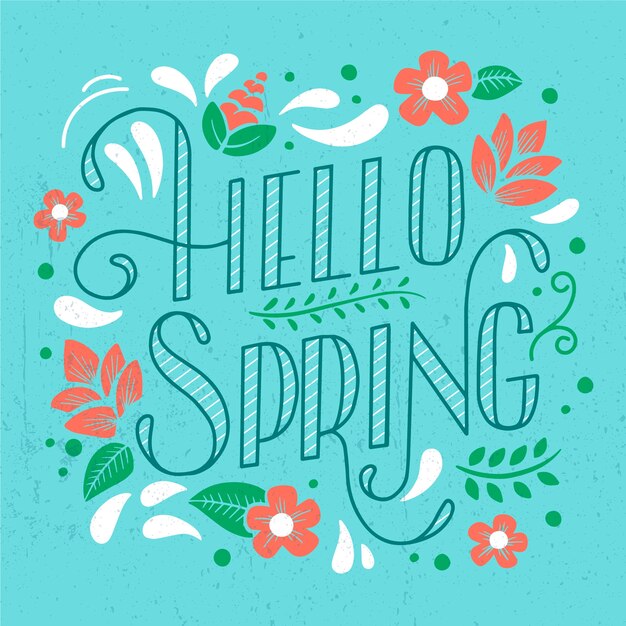 Hello spring lettering greeting and petals