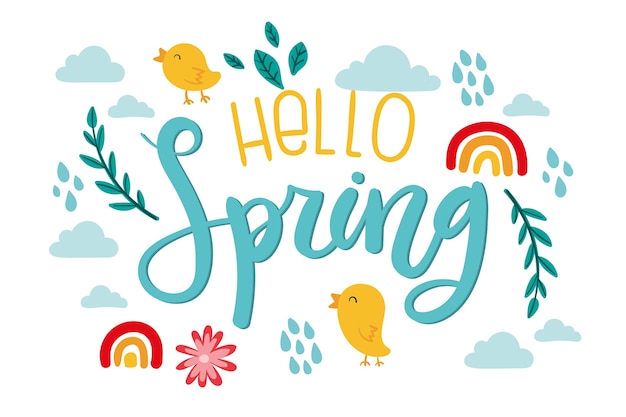 Free vector hello spring lettering with birds and rainbows