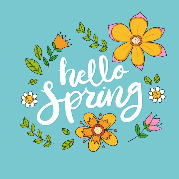 Hello spring lettering with blooming flowers and leaves