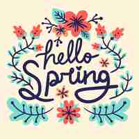 Free vector hello spring lettering with blue branches of leaves