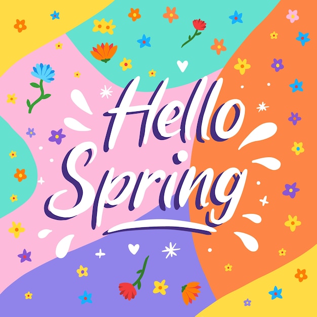 Hello spring lettering with colorful decoration