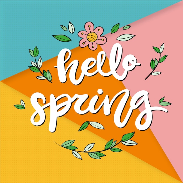 Vettore gratuito ciao primavera lettering con decorazioni colorate
