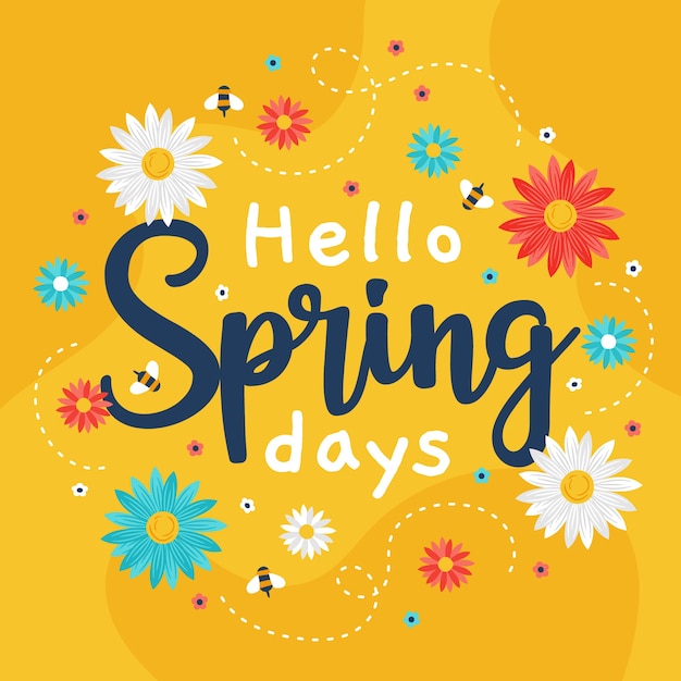 Hello spring lettering with colorful decoration