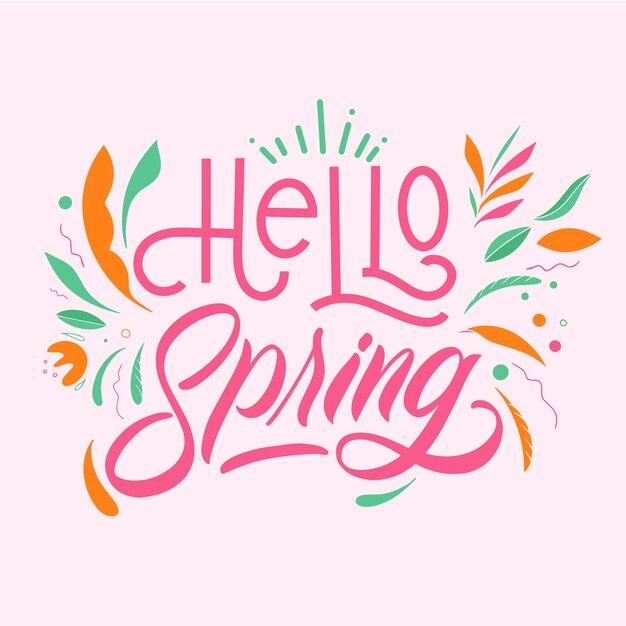 Hello spring lettering with colorful decoration