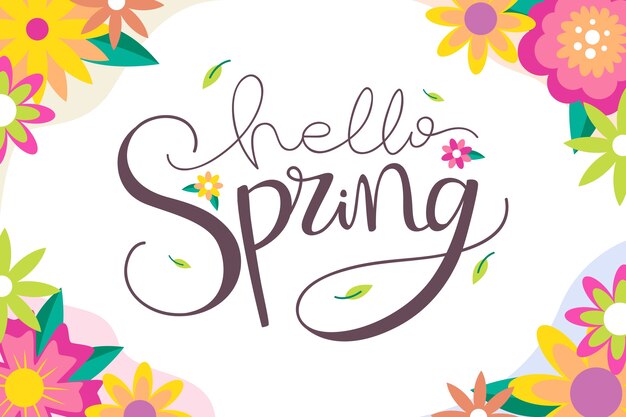 Hello spring lettering with colorful flowers
