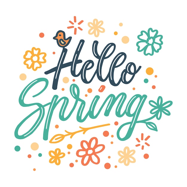 Hello spring lettering with colourful decoration