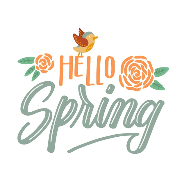 Free vector hello spring lettering with colourful flowers and bird