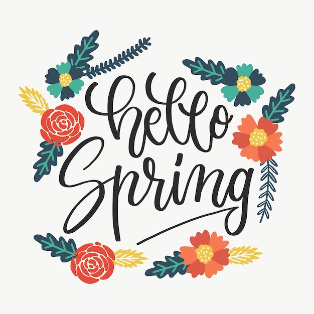 Ciao primavera lettering con ornamenti colorati